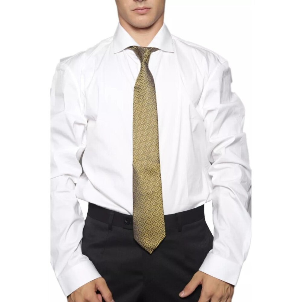 $250 Versace Medusa 100% Silk Tie - Gold/Black Greek Key Pattern - NWOT